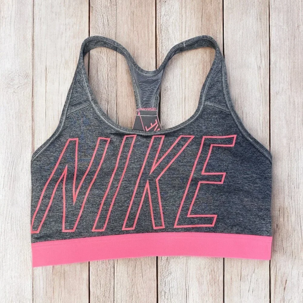 NIKE Dri-Fit Sports Bra Size Medium Heather Gray and Pink, Cross Back